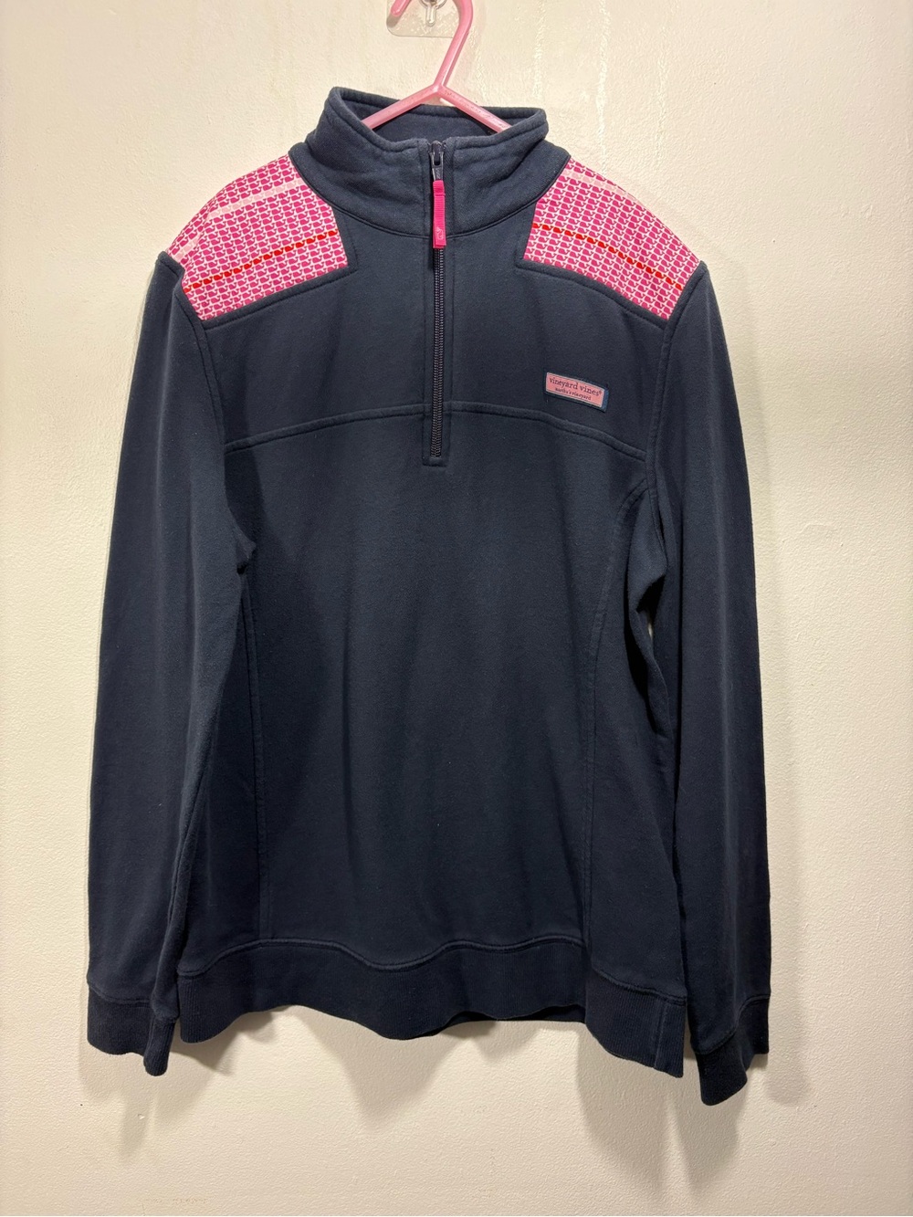 Vineyard Vines Women Navy Quarter-Zip Sweater Pink Shoulder Panels Logo Sz S